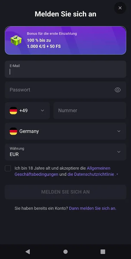 Kontoerstellung auf MateSlots Casino